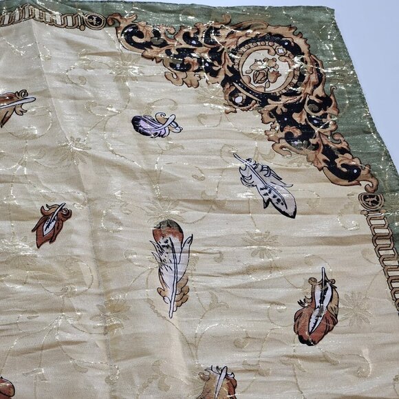 Unbranded Silk Scarf Womens 31 x 32 Inches Multicolor Gold Floral Feathers Print - Picture 9 of 15